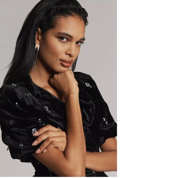 Anthropologie Maeve Short-Sleeve V-Neck Embellished Mini dress 0p new black - Picture 4 of 8